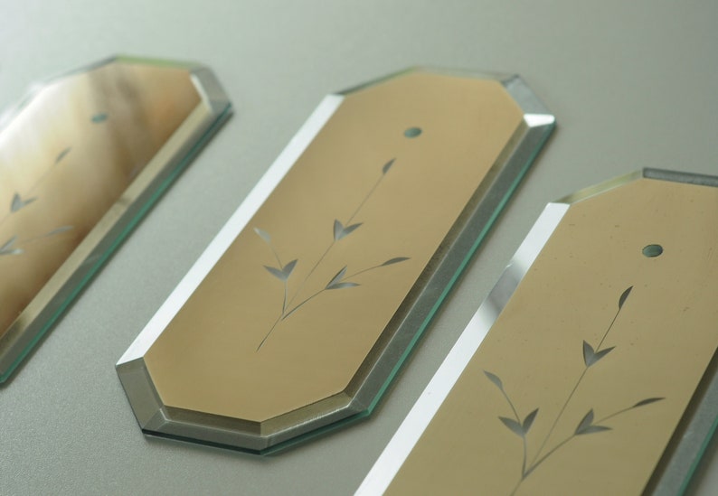 TWO Octagon Beveled Mirrored Glass Replacement Panels Etched Flower