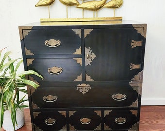 Vintage THOMASVILLE  Chinoiserie Black Campaign Chest -Asian Oriental Inspired Cabinet