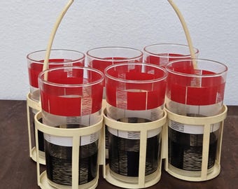 Mid Century Red Black & White Tumblers in Caddy-Six Atomic Retro Bar Glasses and Carrier