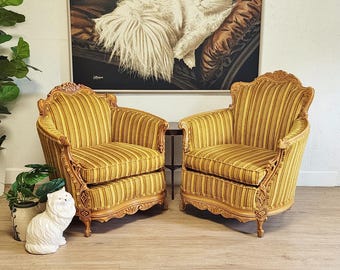 Pair Ornate Vintage Regency Style Carved Fireside Chairs, Gold Pinstripe Parlor Set, Maximalist Chairs
