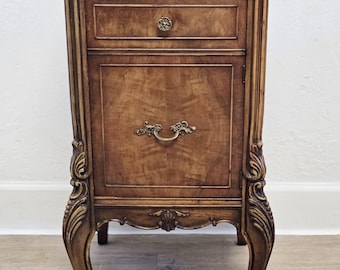 Antique French Style Carved Cabinet Nightstand-Petite Carved  1930s Ornate Inlaid Side Table-Part of Set