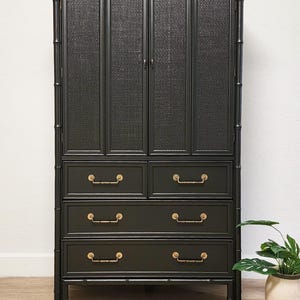 BLACK Chinoiserie Hutch, MCM Palm Beach Regency Cabinet, Black Cane Gold Bar, Tall Media Chest