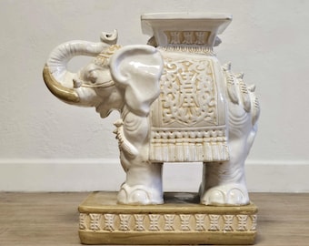 Ceramic Large Elephant Plant Stand-Boho MCM Vintage Elephant Table-Garden Seat-Trunk Up