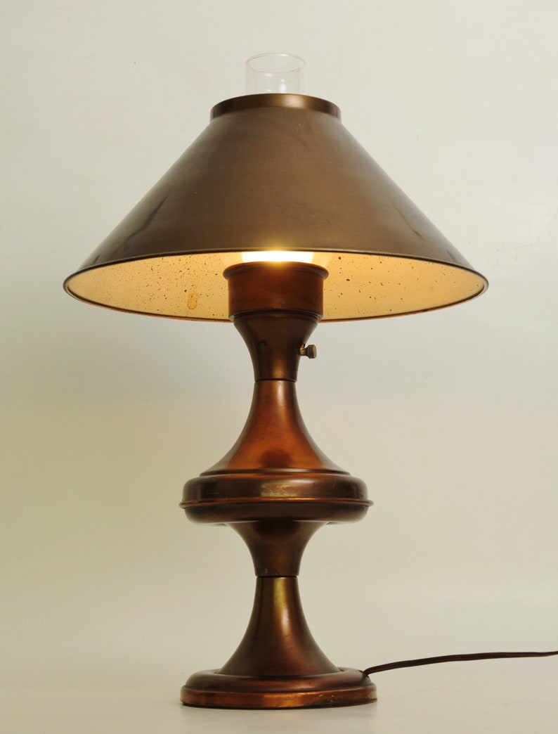 Mcm Copper Metal Hurricane Table Lamp Electric Shade Mission Style Brass Desk All Vintage