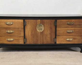 MCM Lane Chinoiserie Dresser-Refreshed Black & Brass LONG Chin Hua Style Vintage Console Server