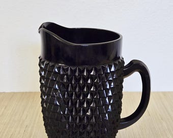 Vintage Tiara Black Cameo Tall Pitcher-Diamond Point Indiana Glass Large