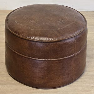 MCM Round Ottoman Hassock-Boho Faux Leather Pouf-Brown Vintage Side Stool