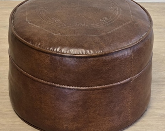 MCM Round Ottoman Hassock-Boho Faux Leather Pouf-Brown Vintage Side Stool