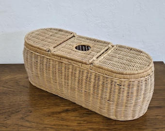 Wicker Rattan Vintage 3 Part Toilet Roll Lidded Basket--Boho Bathroom Tissue Storage