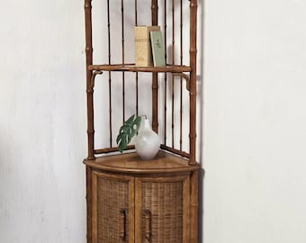 Vintage TALL Faux Bamboo Rattan Corner Display Cabinet- American of Martinsville Palm Beach Glass Shelf Unit