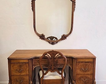Antique French Style Vanity Desk-Chair-Mirror- 1930s Serpentine Ornate Inlaid Dressing Table-Part of Set