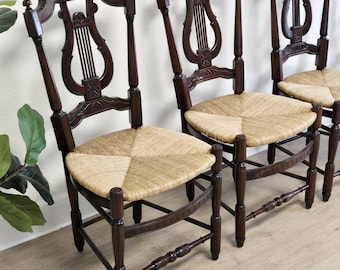 Vintage Lyre Back Dining Chairs, French Country Harp Back, Straw Woven Seats (Set of 4)