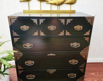 Vintage THOMASVILLE  Chinoiserie Black Campaign Chest -Asian Oriental 6 Drawer Tall Dresser
