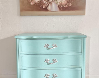 Vintage Aqua French Bassett Chest-Curvy Blue 3 Drawer Painted Bedside Chest