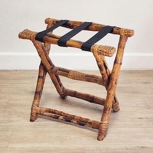 Vintage Bamboo Rattan Luggage Rack-Coastal Beach Bedroom Guest Suitcase Stand-Palm Beach Burnt Bamboo Rack