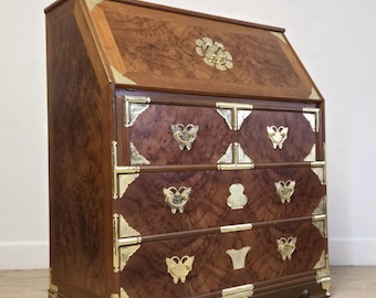 Asian Style Slant Top Secretary Desk-Korean Brass Campaign Vintage 4 Drawer Drop Front Desk