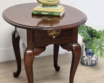 Broyhill Cherry Oval End Table-Queen Anne Single Drawer Oval Solid Wood Side Table
