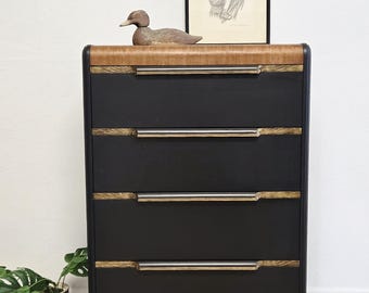 Black & Gold Art Deco Waterfall Tallboy Chest-Refreshed 1930s 4 Drawer Storage Dresser