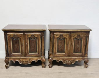 Pair Drexel Brittany French Nightstands-Heritage 202-610 Solid Wood Vintage 2 Door Night Tables