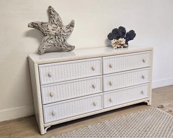 Coastal White Wicker & Formica Dresser-Faux Wicker Henry Link Style 6 Drawer Chest Console