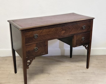 Antique Petite Writing Desk-Red Leather Mahogany Veneer Entry Console-Handcrafted Vanity