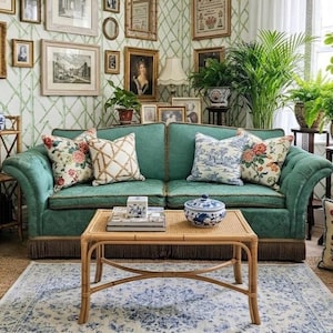 May include: A teal upholstered sofa with fringe trim, featuring floral and lattice-patterned throw pillows. The sofa is positioned behind a rectangular bamboo coffee table, with a bamboo shelving unit to the left and various potted plants nearby.