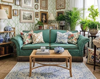 Victorian Green Damask Camelback Rolled Arm Sofa-Antique Green Bullion Fringed Flared Arm Couch