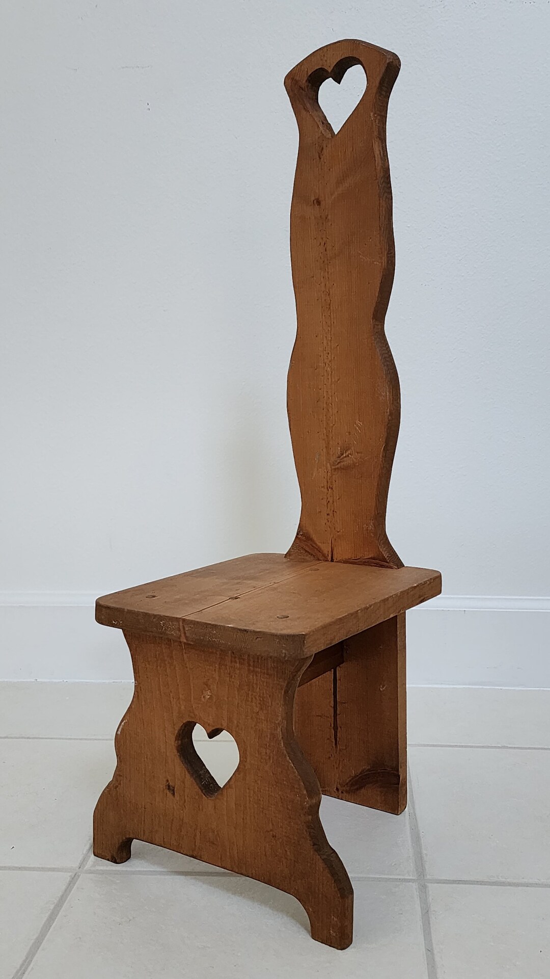 Vtg Shaker Style LONG HANDLED STOOL Woodcrafts Rustic Heart Step Stool