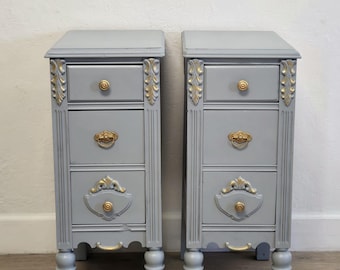Romantic Dusty Blue Gold Nightstands-Pair Narrow Ornate Refreshed Vintage 3 Drawer Stands
