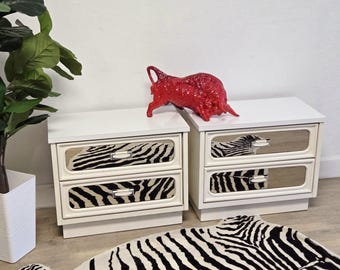 PAIR Mirrored Glam Nightstands-Retro Space Age White 2 Drawer 1970's Night Tables