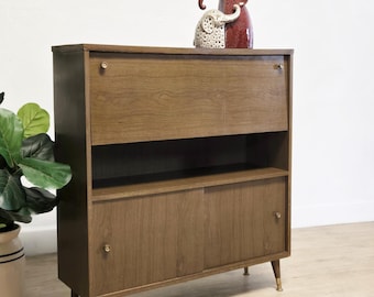 MCM Lighted Bar Cabinet: Atomic Retro Drop Front Dry Bar Storage w/ Tapered Legs
