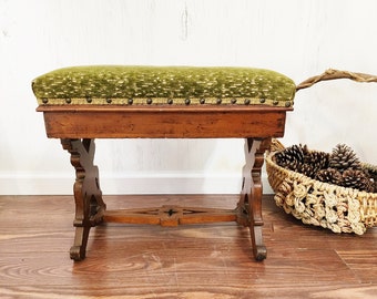 Antique Victorian Slipper Bench Footstool-Eastlake Storage Bench-Wood w/Green Cushion & Nail head Trim