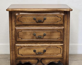 Ethan Allen Country French 3 drawer Nightstand-26-5326-236 Vintage Rustic Solid Birch Fruitwood Finish