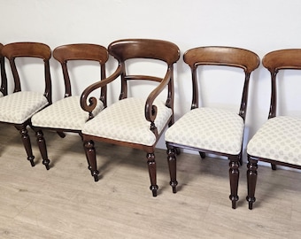 Set of 6 Antique Balloon Back Dining Chairs-19th Century Victorian Mahogany Chairs-Side Chairs & Elbow Chair