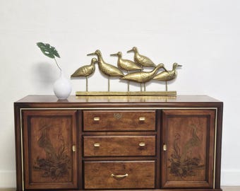 Bassett Chinoiserie Credenza-Vintage Asian Cranes Petite Narrow Console Chest Media Stand-Custom Finish Option