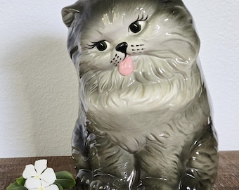 Vintage Grey Ceramic Cat with Tongue Out-MCM Cute Large Retro Persian Sitting Cat Kitschy Gift Decor