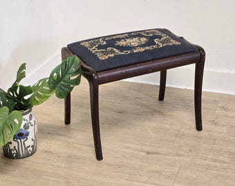 Antique Needlepoint Vanity Bench-Mahogany Saber Leg Cross Stitch Blue Floral Seat
