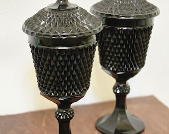 Vintage Tiara Indiana Glass Black Lidded Tall Jar, Gothic Cameo Black Pedestal Dish, Black Apothecary Decor