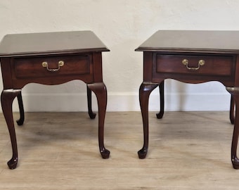 Ethan Allen Georgian Court Cherry End Tables-Queen Anne 11-8407 205-Vintage Pair Solid Wood Side Tables