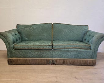 Victorian Green Damask Camelback Rolled Arm Sofa-Antique Green Bullion Fringed Flared Arm Couch
