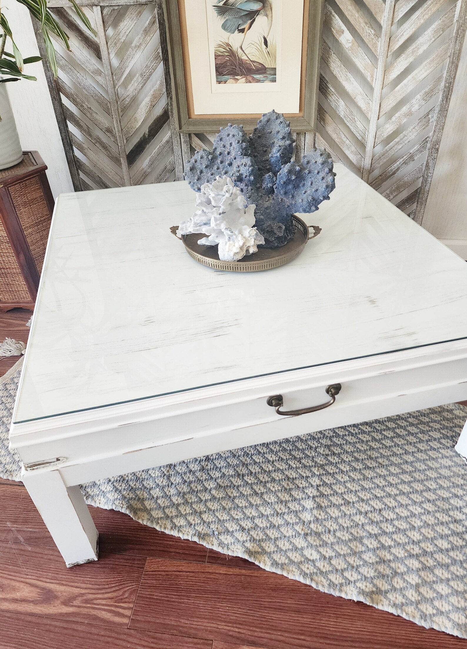 WHITE Coastal Lane Square Coffee Table-vintage Farmhouse Nautical Large ...