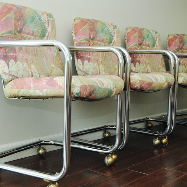 SET of 4 CHROMCRAFT Vtg Cantilever Tube Dining Chairs-w/Castors-Wire Chrome Back MCM Cantilever Chairs