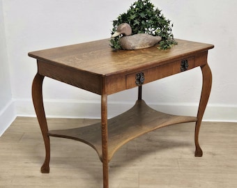Antique Tiger Oak Library Table-Petite Solid Wood Rustic Parlor Writing Desk