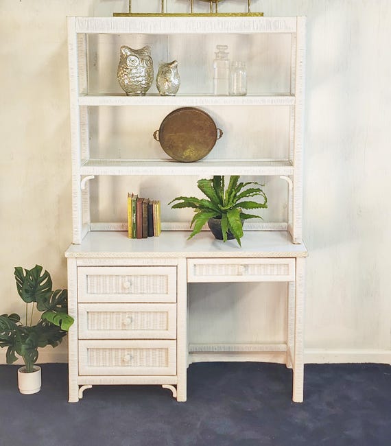 Lexington White Wicker Desk Hutch coastal Wrapped Braided Desk W Shelf Set henry Link White Desk Etsy