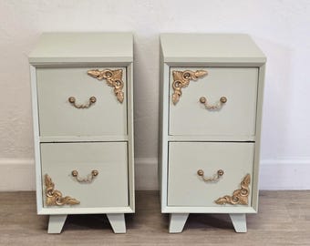 Sage Green & Gold Upcycled Nightstands-Pair Narrow Vintage Wood Eclectic MCM 2 Drawer Tables