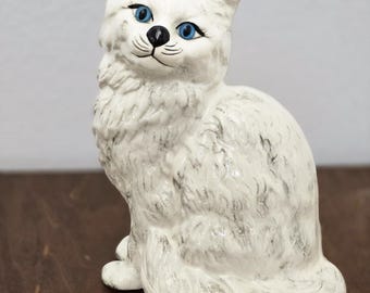 Vintage White Ceramic Cat with Blue Eyes-MCM Cute Large Retro Persian Sitting Cat Kitschy Gift Decor