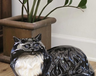MCM Large Ceramic Lying Down Cat-Life Size Black Persian Blue Eyes Retro Floor Decor-Vintage Cat Lover Gift