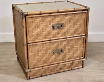 Dixie Flatweave Nightstand-Campaign Coastal Herringbone Wicker Vintage End Table-Two Drawer Brass Chest