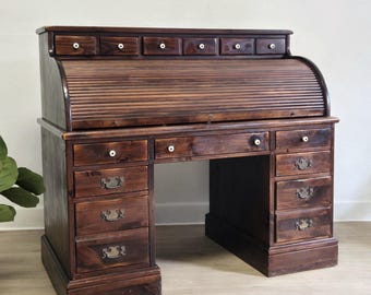 Ethan Allen Old Tavern Rolltop Pedestal Desk 12-9519-Vintage Solid Wood Rustic Writing Storage Desk