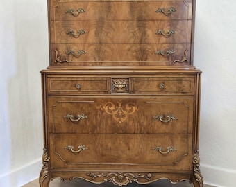 Antique French Style Carved Chest on Chest- 1930s Ornate Inlaid Tallboy Dresser-Part of Set